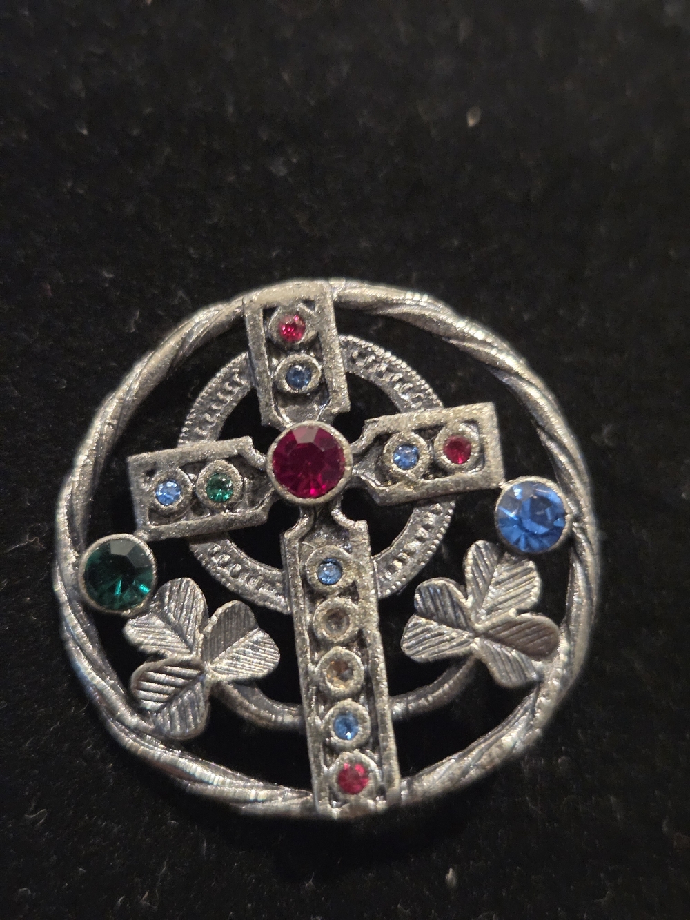 Vintage-Inspired Silver Celtic Cross Brooch with Multicolor Gems